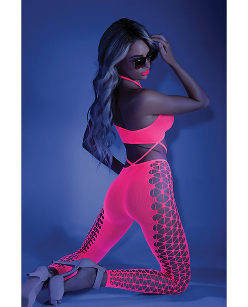 Bodystocking con cuello halter y recorte en rosa neón Product Image.