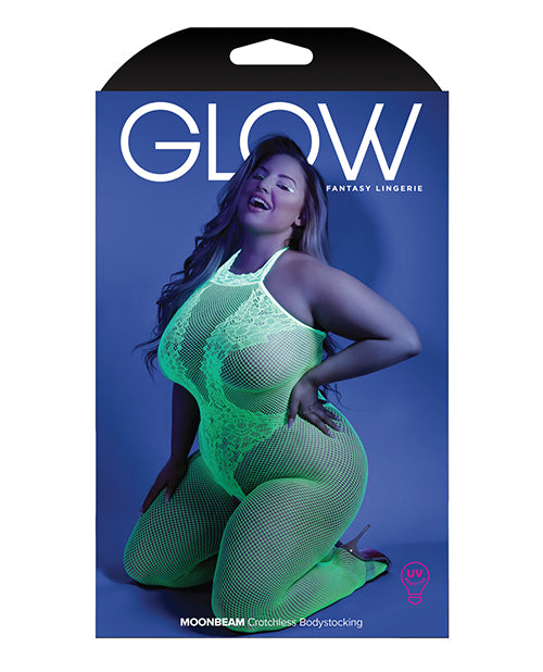 Enchanting Neon Green Glow Black Light Crotchless Bodystocking for Curvy Queens Product Image.