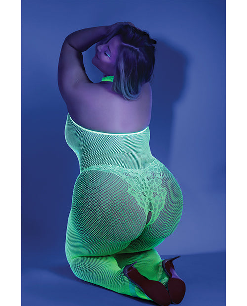 Enchanting Neon Green Glow Black Light Crotchless Bodystocking for Curvy Queens Product Image.