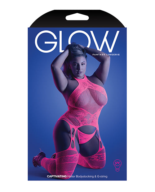 Conjunto de bodystocking y tanga con cuello halter en rosa neón Product Image.