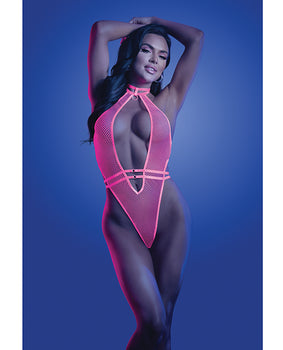 Glow Knockout Fishnet Teddy w/Detachable Thong - Neon Pink - Featured Product Image