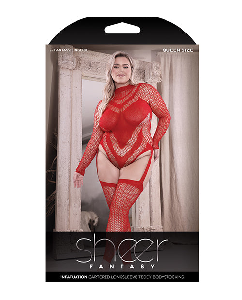 Sheer Infatuation Teddy rojo de manga larga con medias sin pies Product Image.