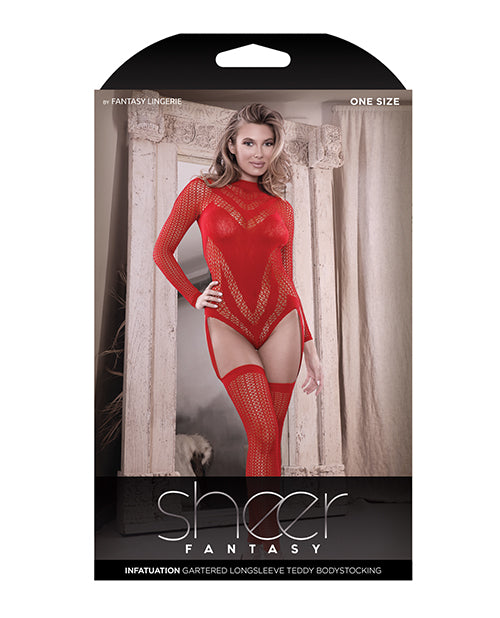 Sheer Infatuation Teddy rojo de manga larga con medias sin pies Product Image.