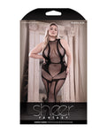 Bodystocking sin entrepierna con cuello alto y descolorido cruzado transparente en negro clásico - Talla Queen