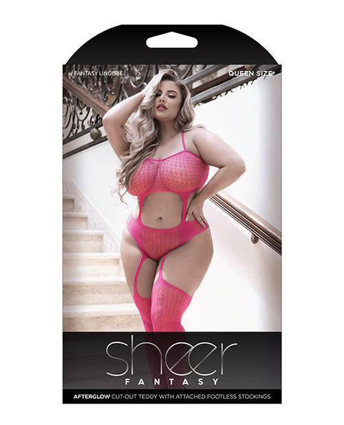 Sheer Afterglow Cut Out Teddy with Attached Footless Stockings in Berry Pink Product Image.