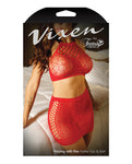 Vixen Red High Neck Halter Net Top & Tie Back Skirt