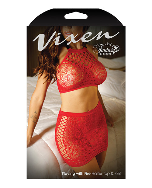 Vixen Red High Neck Halter Net Top & Tie Back Skirt Product Image.