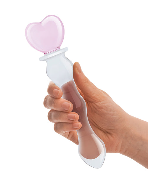 Glas 8" Sweetheart Glass Dildo - Pink/Clear: Sensual Curves, Temperature Play, Heart Handle Product Image.
