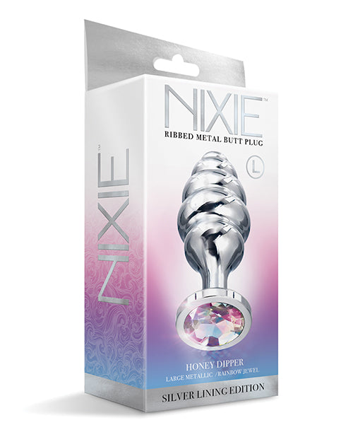 Nixie Rainbow Jeweled Ribbed Metal Butt Plug - Medium Product Image.