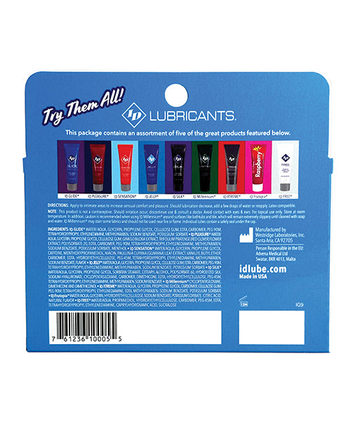 ID Sampler Pack: 5 Premium Lubricants for Sensational Intimacy Product Image.