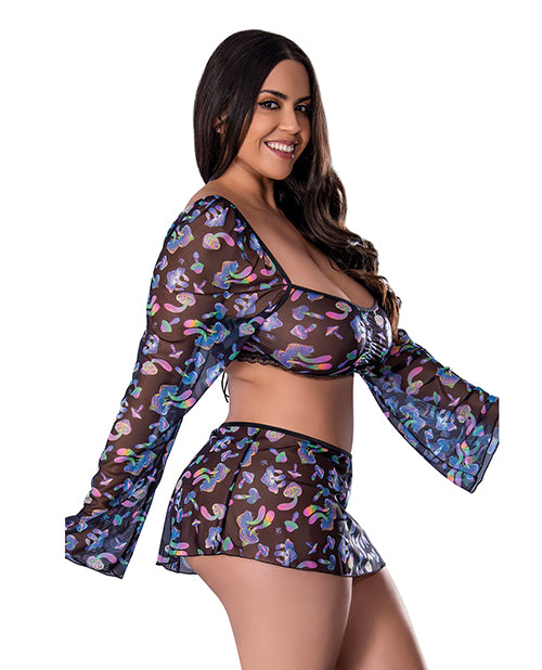Hazy Dayz Shrooms Crop Top w/Skirt & Thong - Black QN - featured product image.
