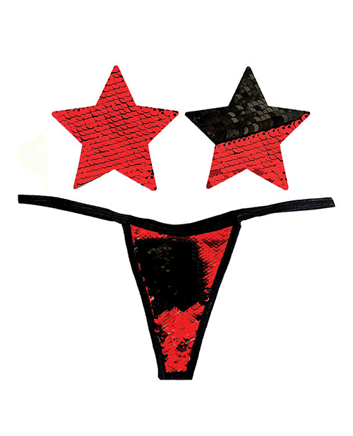 Enchantress Elegance: Naughty Knix Sookie Flip Sequin G-String & Pasties in Red/Black Product Image.