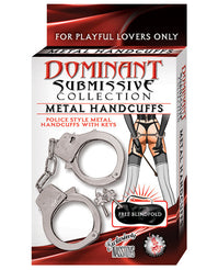 Enthralling Domit Submissive Metal Handcuffs Set centered on a white background - featured product image.