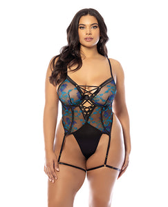 Lola Unlined Underwire Embroidered Teddy with Attached Garter Stays - Black 1X