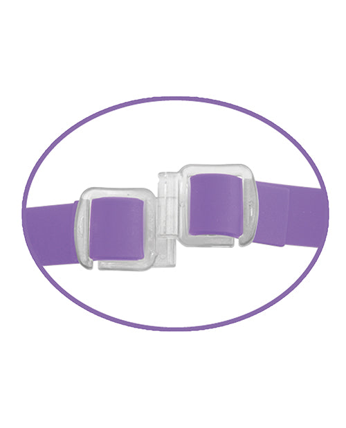 Arnés Double Delight de silicona Purple Elite con extremos dobles vibratorios Product Image.