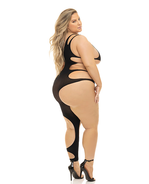 Lápiz labial rosa te muestra cómo el bodystocking recortado en negro Product Image.