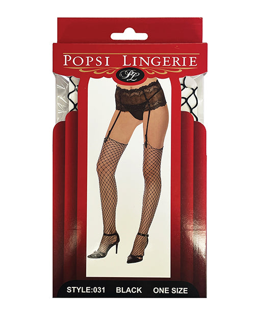 Popsi Lingerie Diamond Net Thigh High Black Stockings Product Image.
