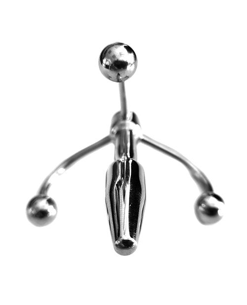 Rouge Stainless Steel Crown Penis Plug: Triple Hook Design Product Image.