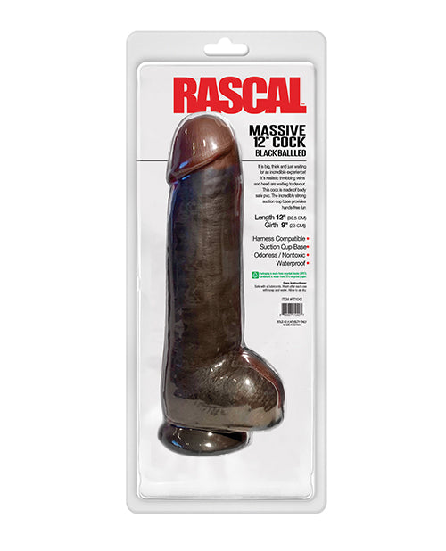 Rascal Black Balled 12" Cock with Balls - Intense, Realistic, Versatile Product Image.