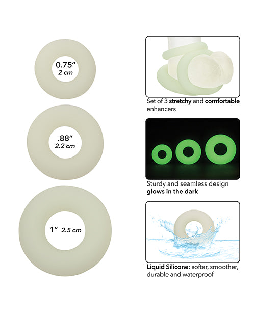 Alpha Liquid Silicone Glow in the Dark Cock Ring Set of 3 Product Image.