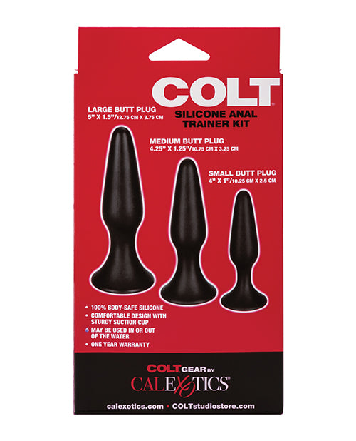 Kit de entrenamiento anal de silicona COLT: tamaños graduados, base de ventosa, silicona segura para el cuerpo Product Image.