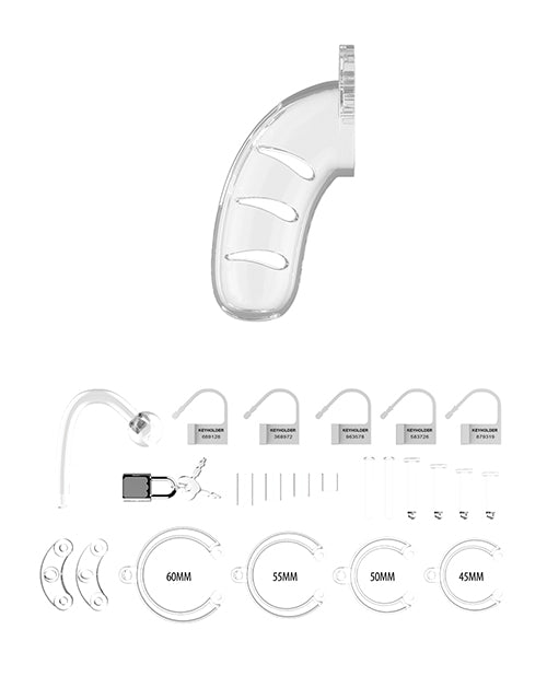 Enchanting Desire: Shots Man Cage 4.5" Cock Cage w/Plug 11 in Clear Product Image.