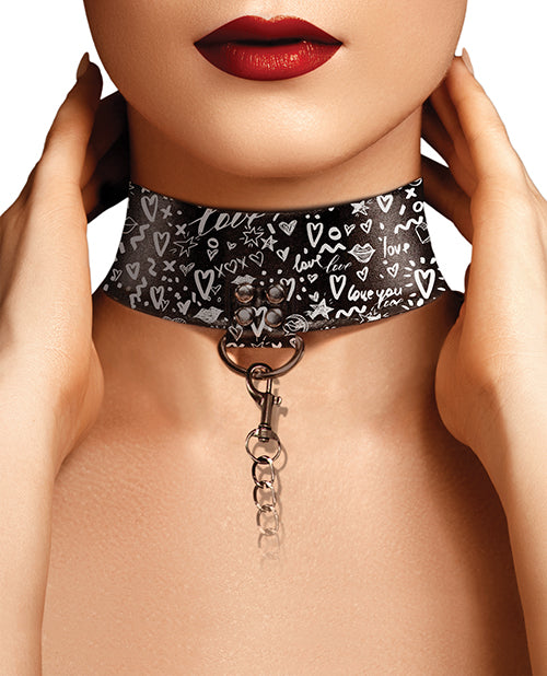 Shots Ouch Love Street Art Fashion Printed Collar with Leash - Black Product Image.