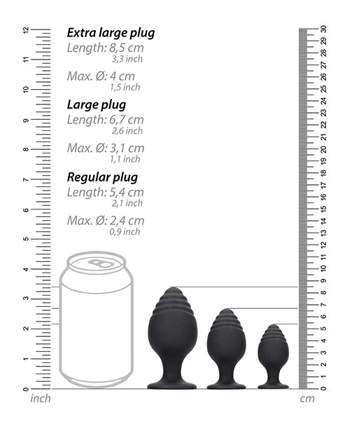 Juego de plug anal de silicona negro suave y sedoso con base de succión Product Image.