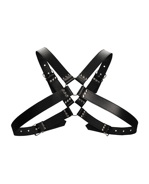Men's Adjustable Black Leather Harness with Large Buckles Product Image.