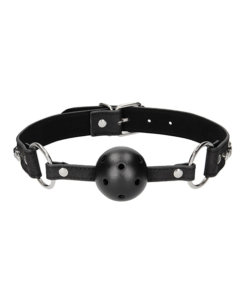 Shots Ouch Diamond Breathable Ball Gag - Black: Adjustable Size, Glamorous Diamond Studs, Durable (Faux) Leather Product Image.