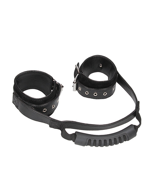 Shots Ouch Black & White Bonded Leather Handcuffs with Handle Product Image.