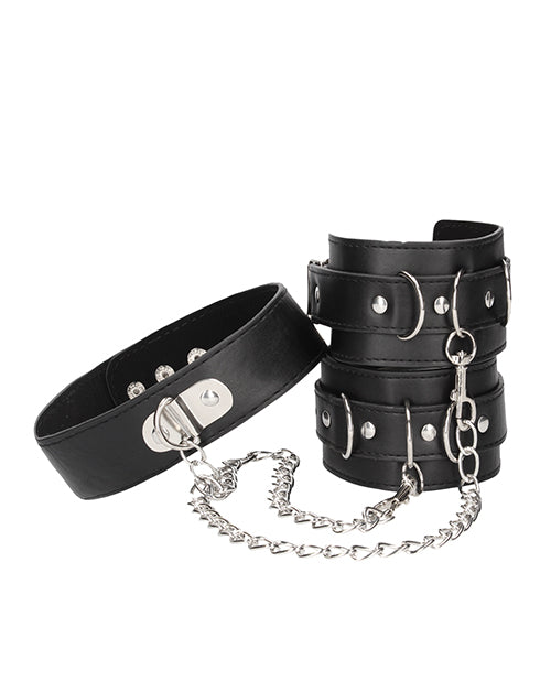 Shots Ouch Black & White Bonded Leather Collar with Hand Cuffs Product Image.