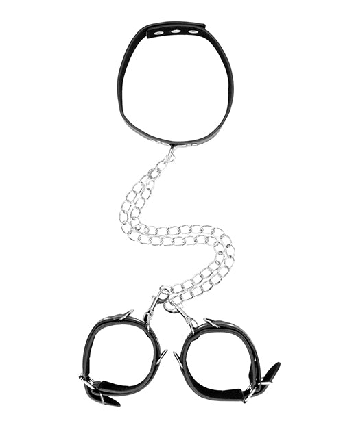 Shots Ouch Black & White Bonded Leather Collar with Hand Cuffs Product Image.