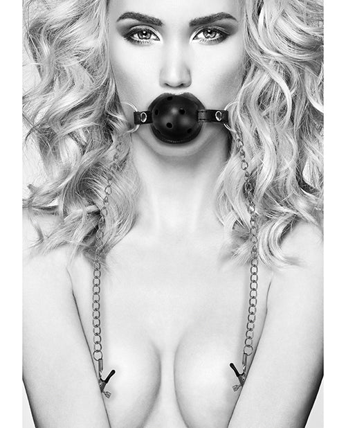 Shots Ouch Black & White Ball Gag with Nipple Clamps - Intensify Your Play Product Image.