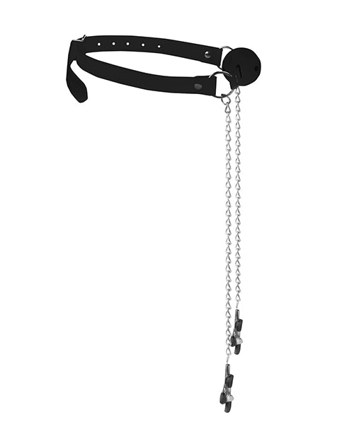 Shots Ouch Black & White Ball Gag with Nipple Clamps - Intensify Your Play Product Image.