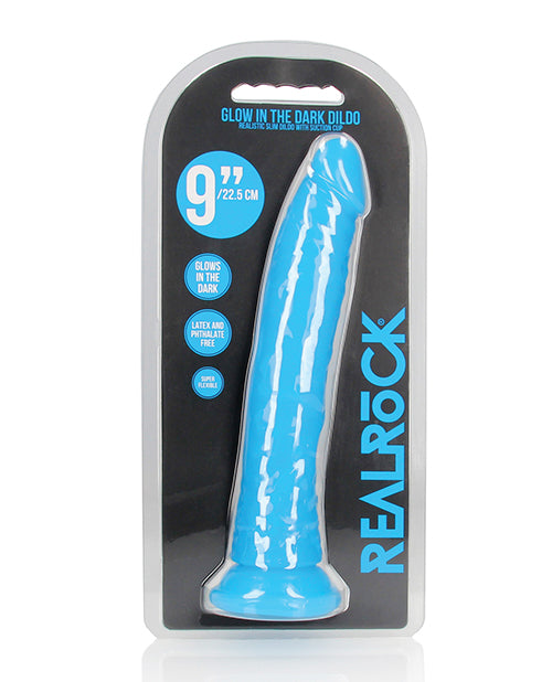 Neon Blue Glow-In-The-Dark Realrock Slim Dildo Product Image.