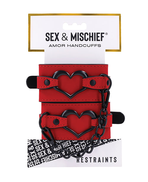 Sex & Mischief Amor Red Vegan Leather Heart Handcuffs Product Image.