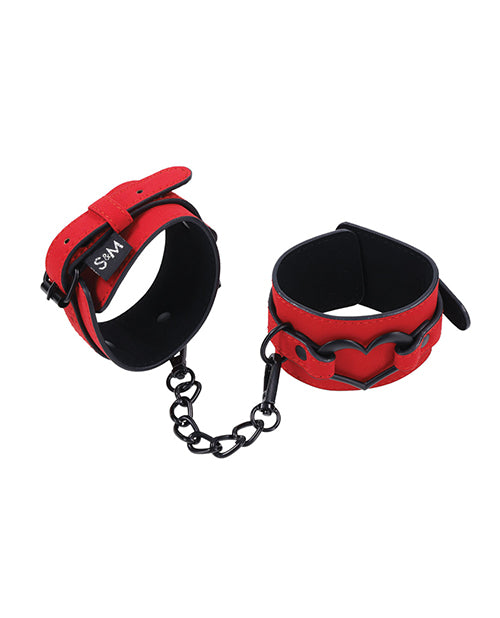 Sex & Mischief Amor Red Vegan Leather Heart Handcuffs Product Image.