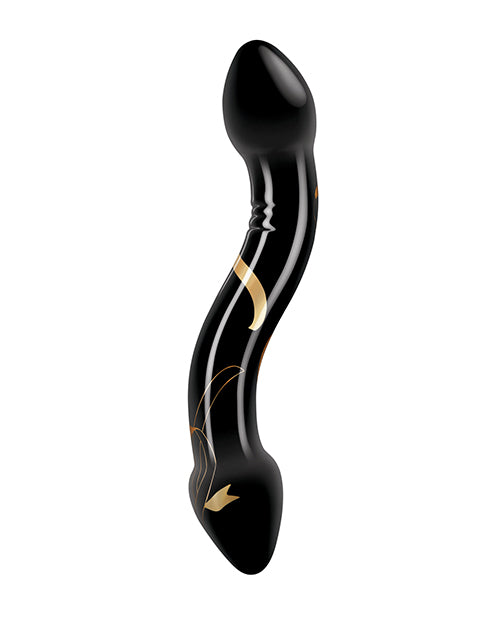 Secret Kisses Consolador de doble extremo soplado a mano de 7,5" - Negro/Oro Product Image.