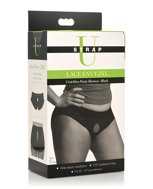 Arnés tipo panty sin entrepierna Strap U Lace Envy en negro - Disfrute de la seducción Product Image.