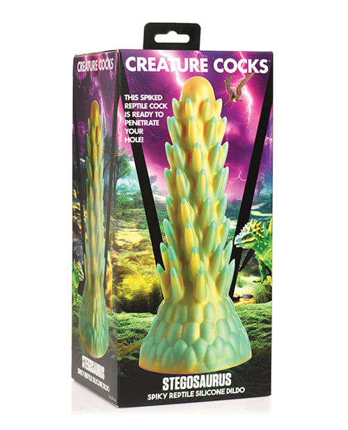 Stegosaurus Spiky Reptile Silicone Dildo - Teal/Gold Delight Product Image.