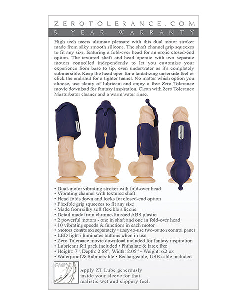 Stroker vibratorio de motor dual recargable de diferentes trazos de tolerancia cero en color morado Product Image.