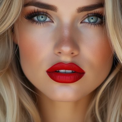 Ruby Lips with dark red lipstick, blonde hair, and blue eyes.