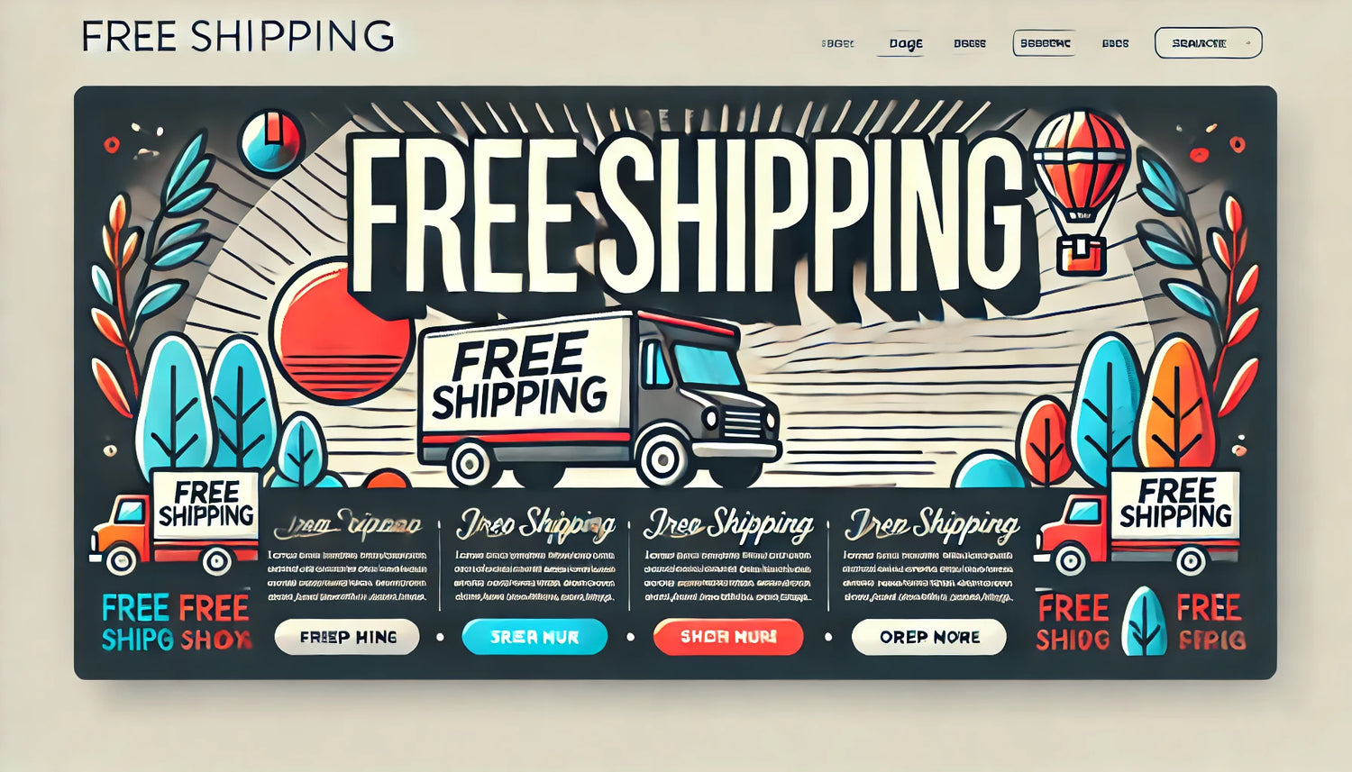 Free Shipping banner with a truck, country trees and a hot air balloon.