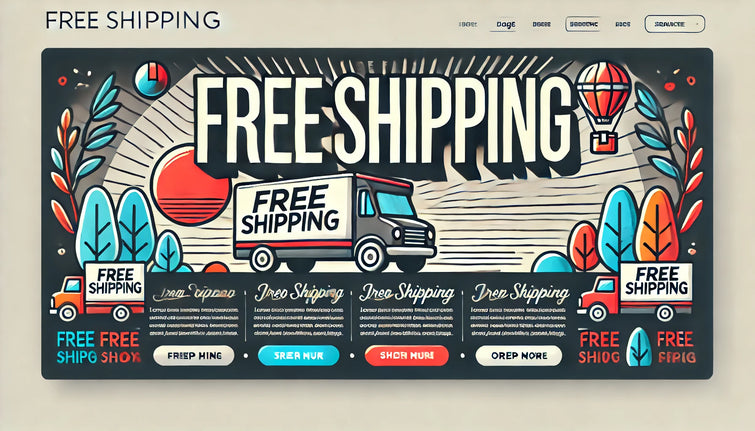 Free Shipping banner with a truck, country trees and a hot air balloon.