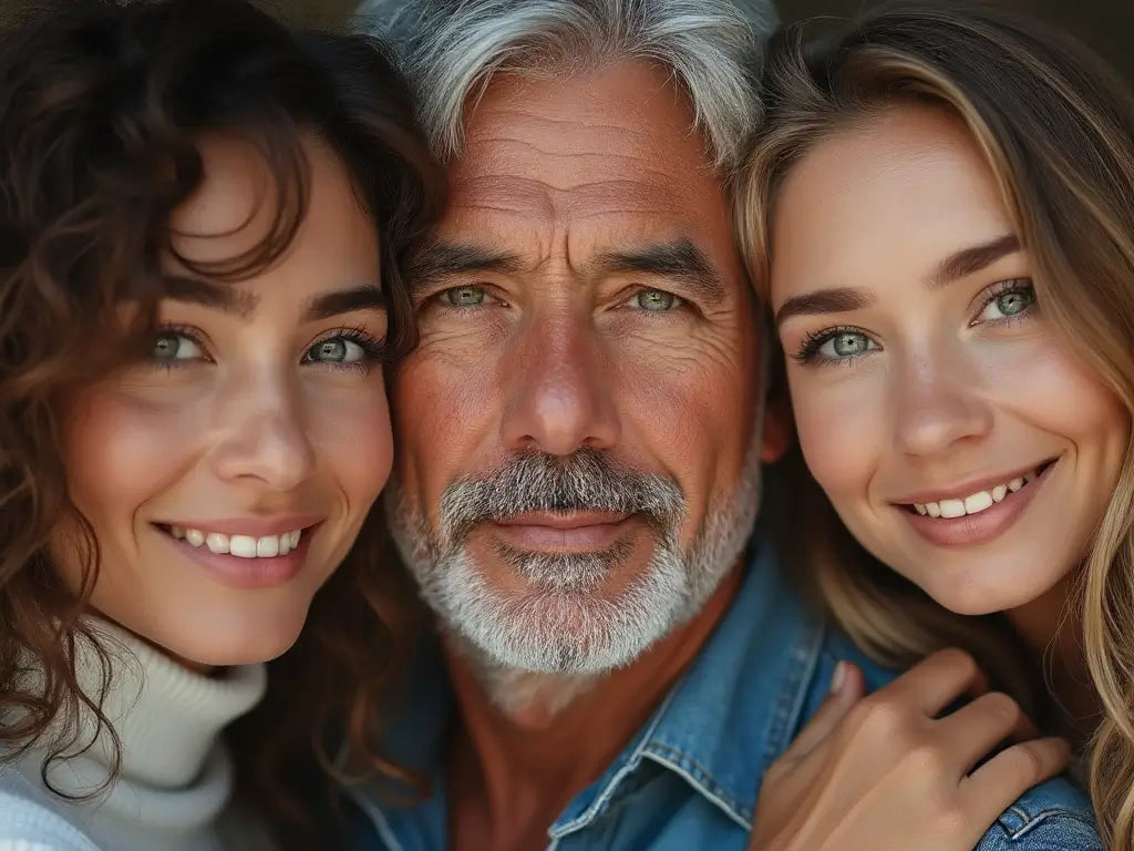 Two women and an older man showing love.