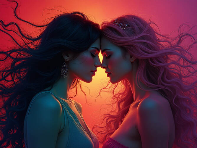 A beautiful image of two women facing each other with whimsical hair and colors.