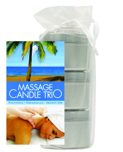 Bolsa de regalo con trío de velas para masaje corporal Earthly - 2 oz de Skinny Dip, Dreamsicle y Guavalva Product Image.
