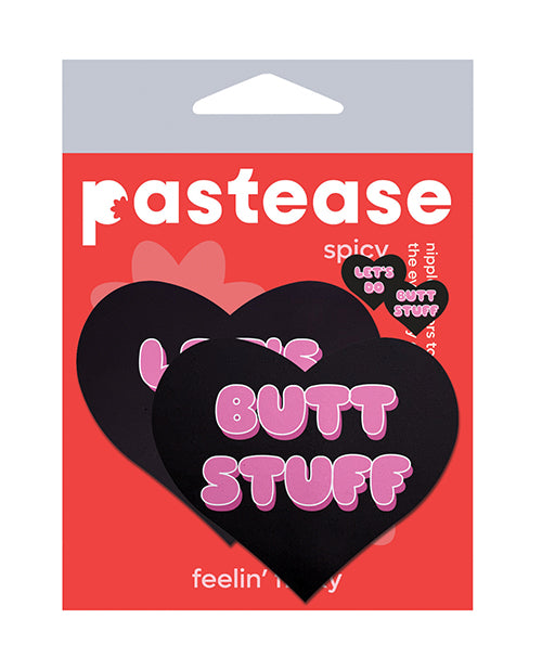 Embrace Playfulness with Pastease Premium Heart Let's Do Butt Stuff Nipple Pasties - Black/Pink O/S - featured product image.