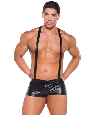 Allure Zeus Wet Look Suspender Shorts - Black O/S